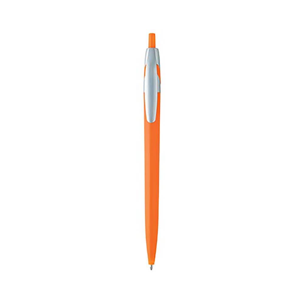 A red plastic pen with a silver clip and tip, featuring a logo.
