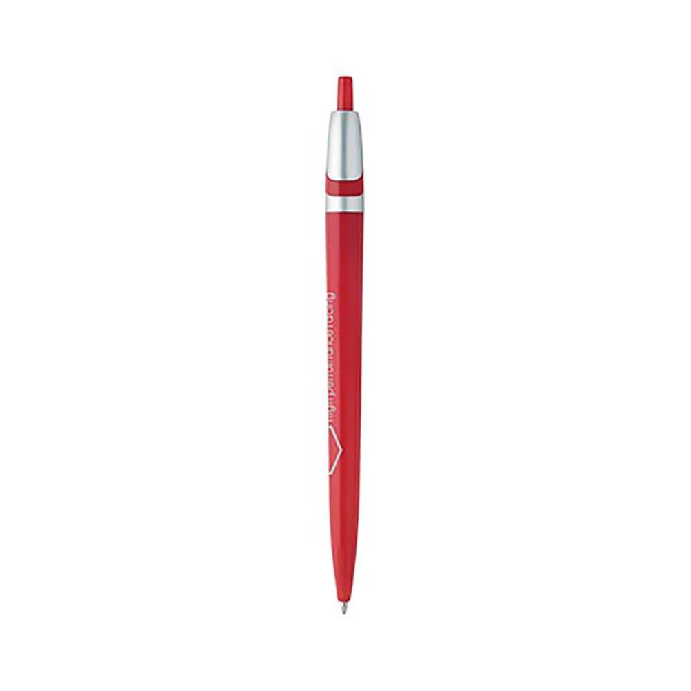 A blue plastic pen with a silver clip and a branding logo on the barrel.