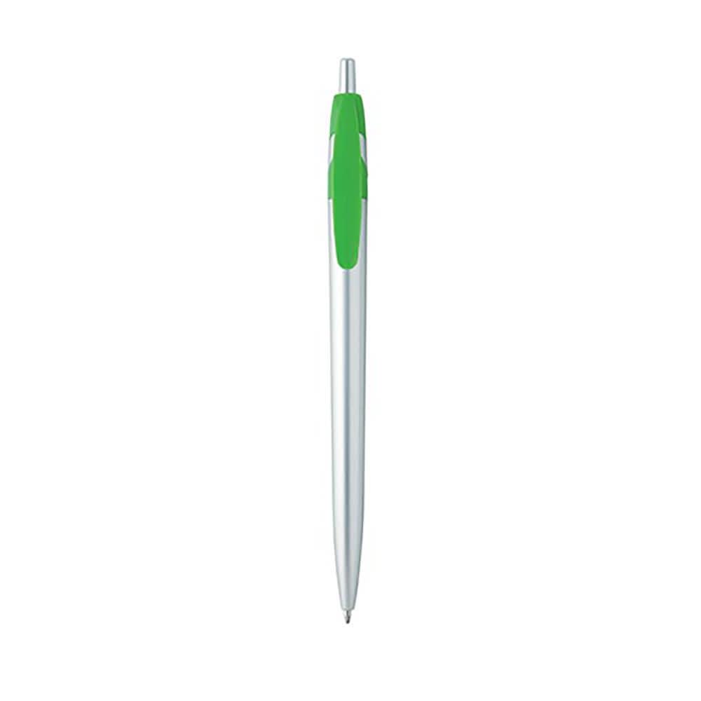 A metal pen with a shiny silver body and a green grip, featuring a branding logo.