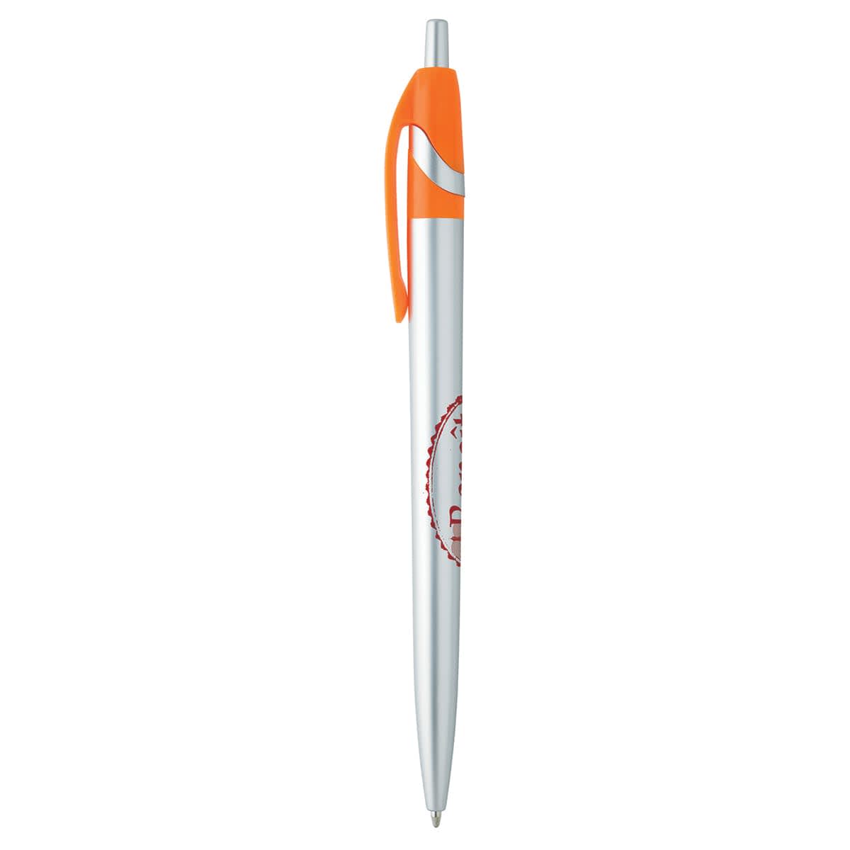A metal pen in silver with an orange clip, featuring a logo on the barrel.