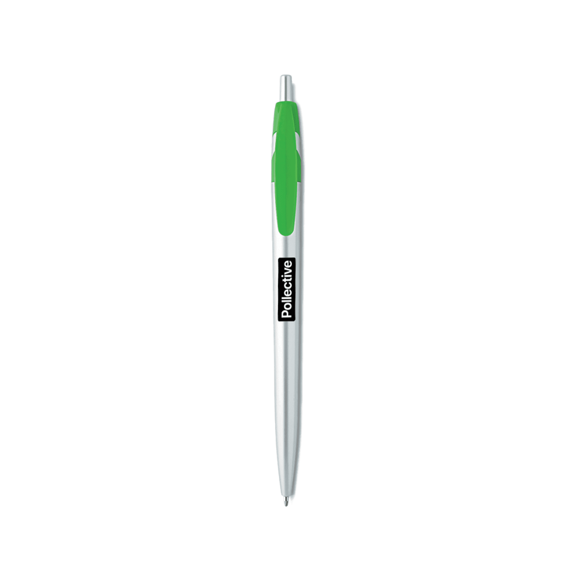 A silver metal pen with a green grip and logo branding on the barrel.