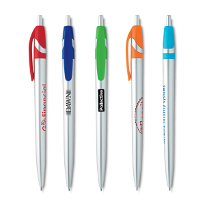 A selection of silver metal pens in various colours, featuring clips in red, blue, green, orange, and turquoise.