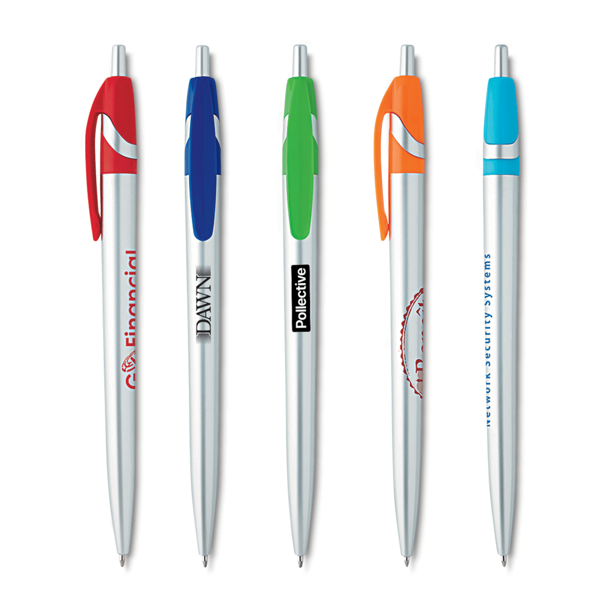A selection of silver metal pens in various colours, featuring clips in red, blue, green, orange, and turquoise.