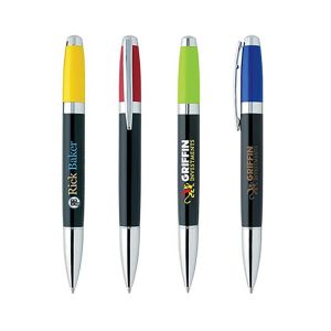 A collection of four multi-colour twist black pens featuring yellow, red, green, and blue accents, with logos.