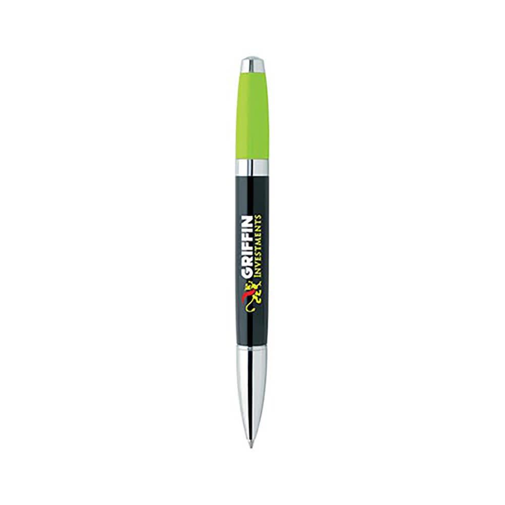 A black pen with a green top, featuring a logo on the barrel and a silver clip.