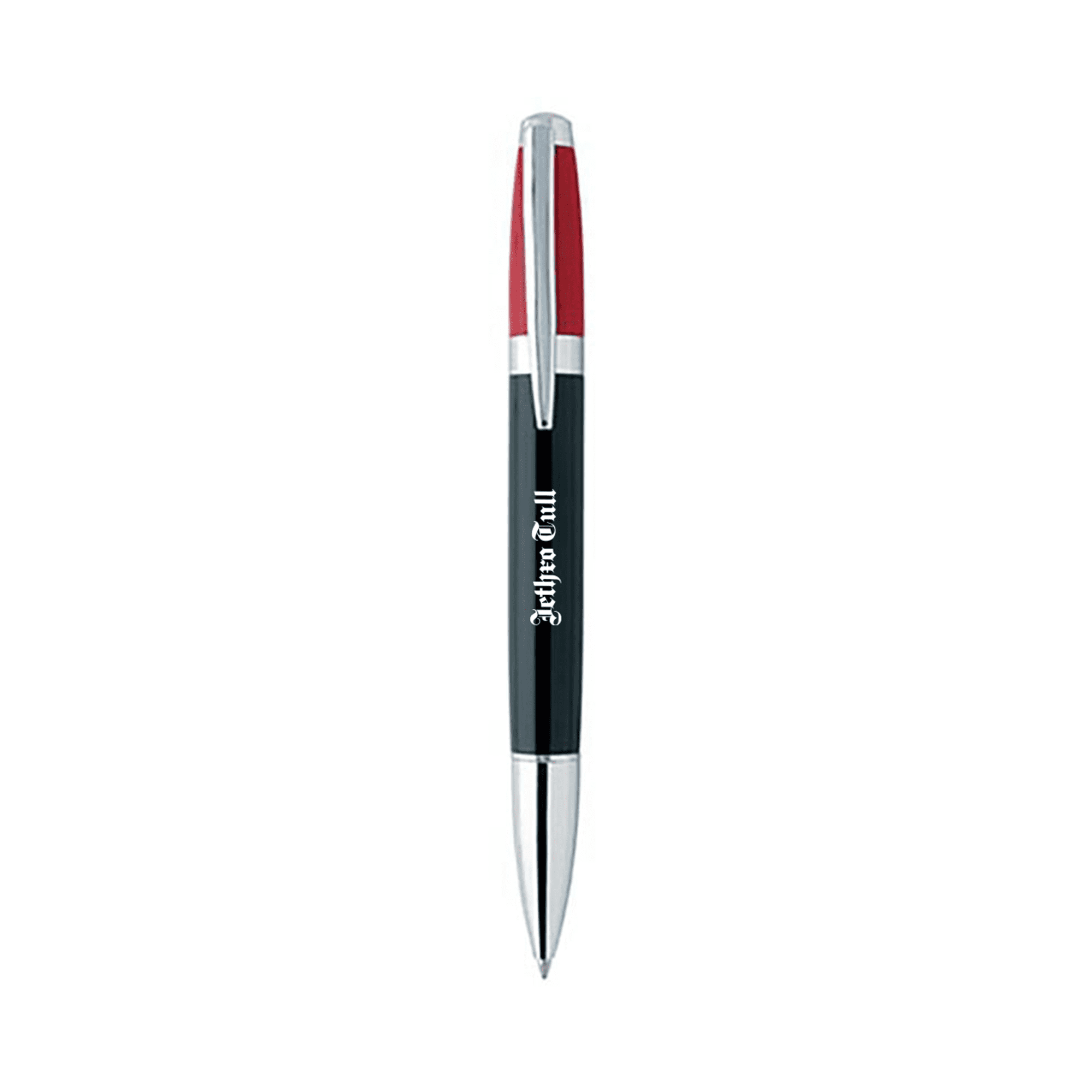 A black and red twist pen with a silver clip and a logo. Suitable for promotional use.