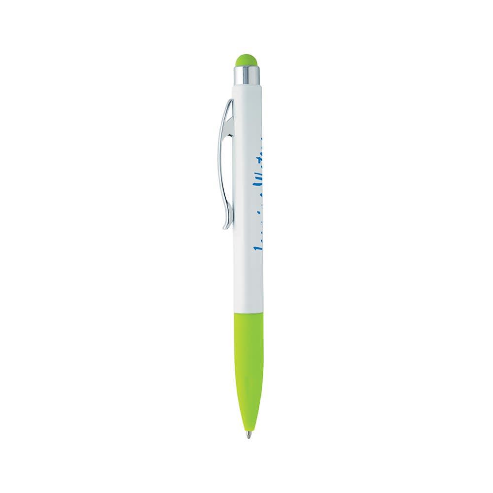 A green and white stylus pen with a silver clip and a logo.