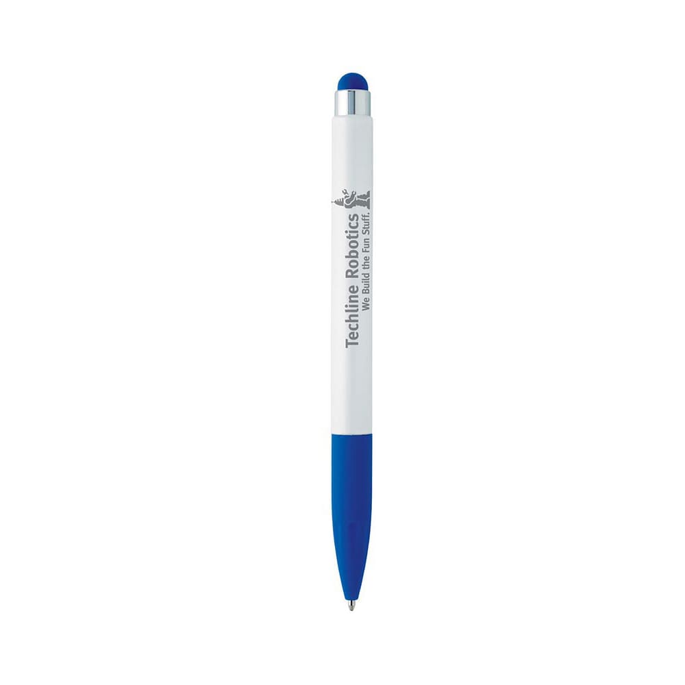 A blue and white stylus pen featuring a silver clip and logo branding.