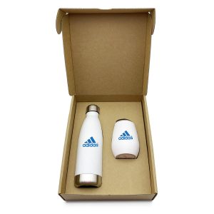 A drink bottle and a cup in a box. The bottle is white with a metallic lid, and both items feature a logo.