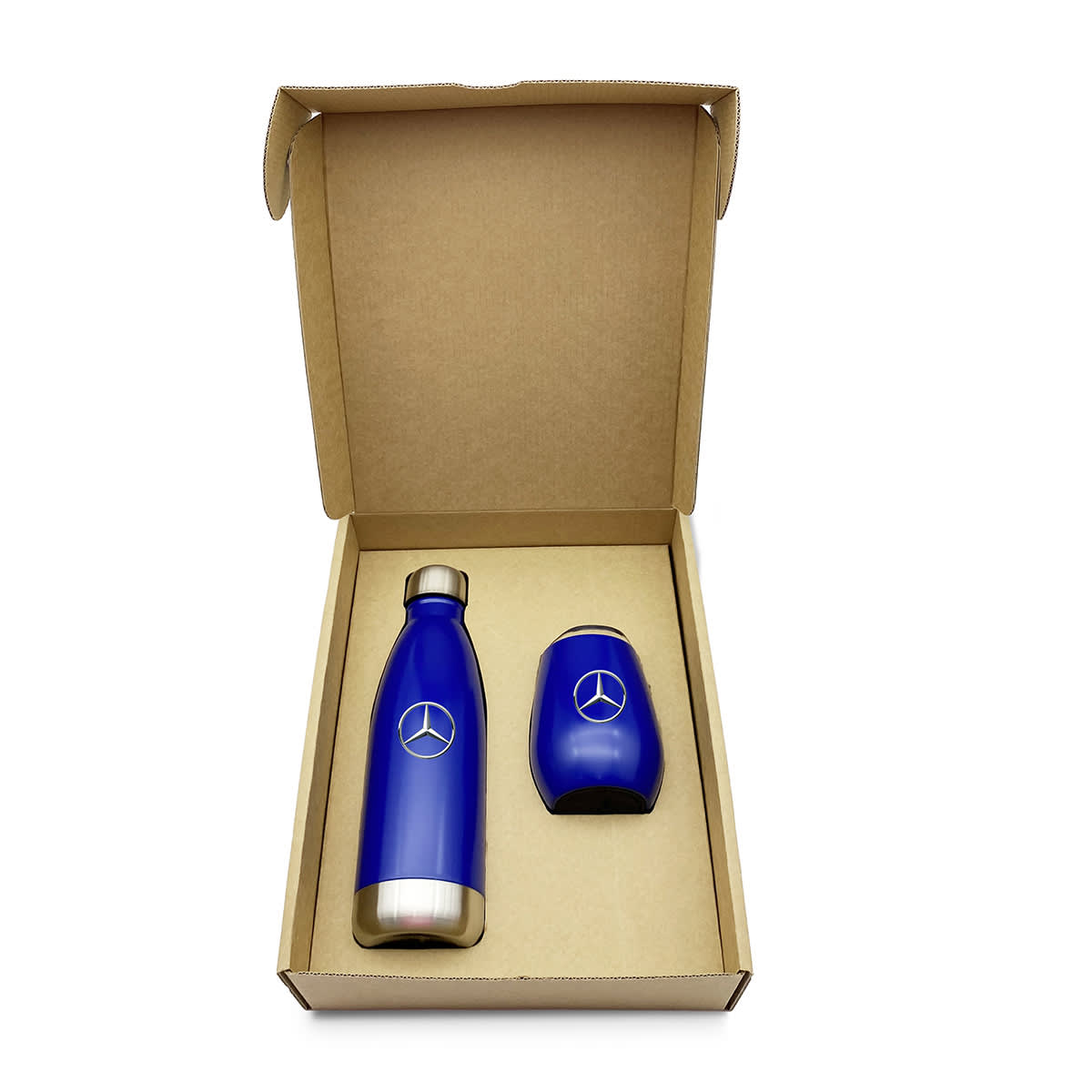 A drink bottle and cup set in blue, presented in a cardboard box with a logo.