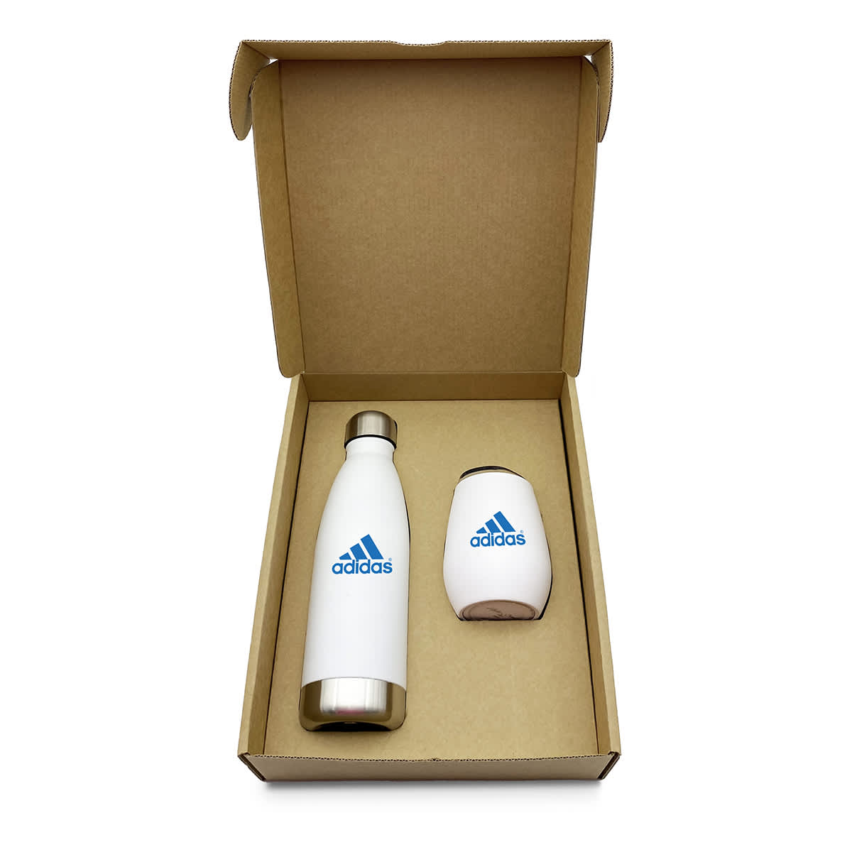 A drink bottle and a cup in a cardboard box, featuring a white colour with blue accents and a logo.