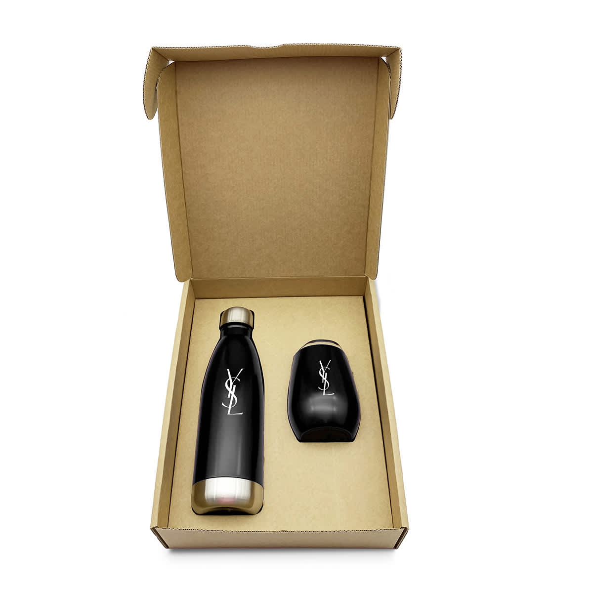 A drink bottle and a matching cup in black, presented in a cardboard box. The bottle has a logo.