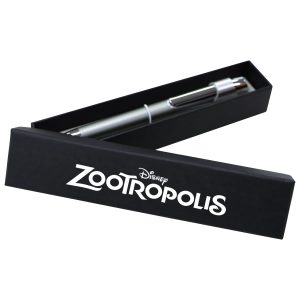 A black two-piece gift box containing a silver pen. The box has branding on it.