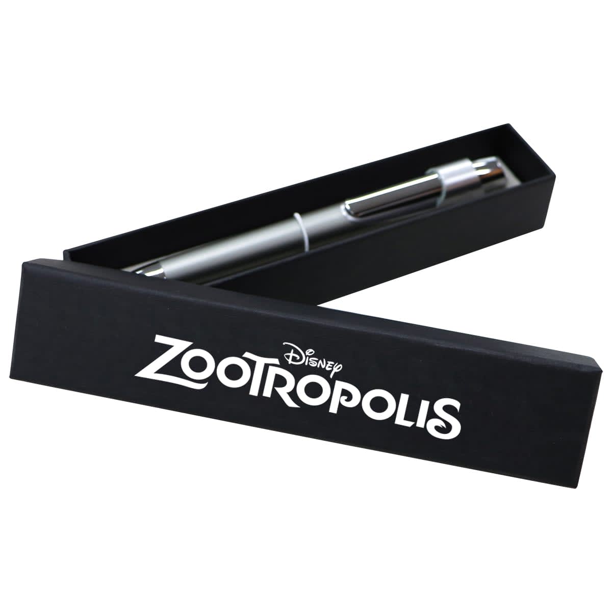 A black two-piece gift box containing a silver pen. The box has branding on it.