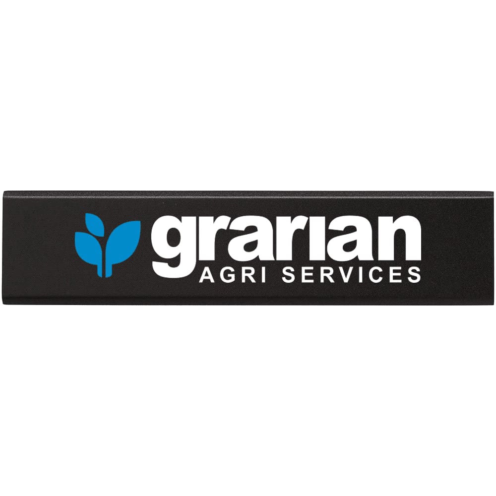 A black promotional product with a logo, featuring the name 