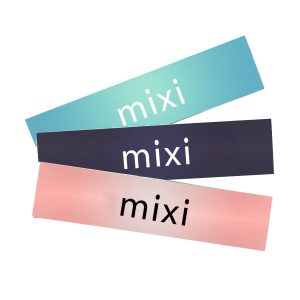 Three glossy paper stickers in gradient shades of blue, black, and pink, each featuring the word "mixi" in white.