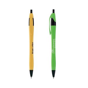 Two metallic curved pens are displayed: one in yellow and one in green, featuring a logo on the green pen.