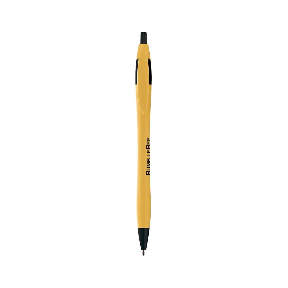 A metallic curved pen in yellow and black, featuring a sleek design and a branding logo.