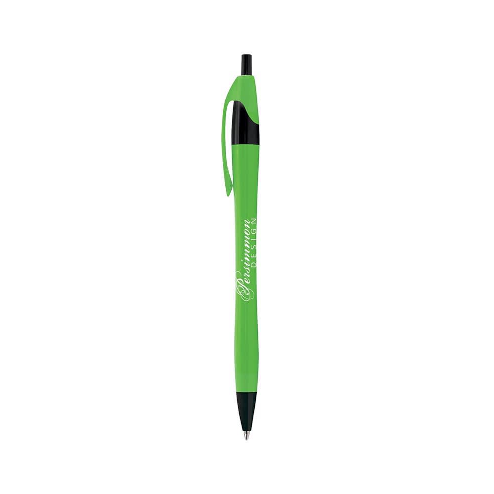 A green metallic pen with a black grip and clip, featuring a branding logo.
