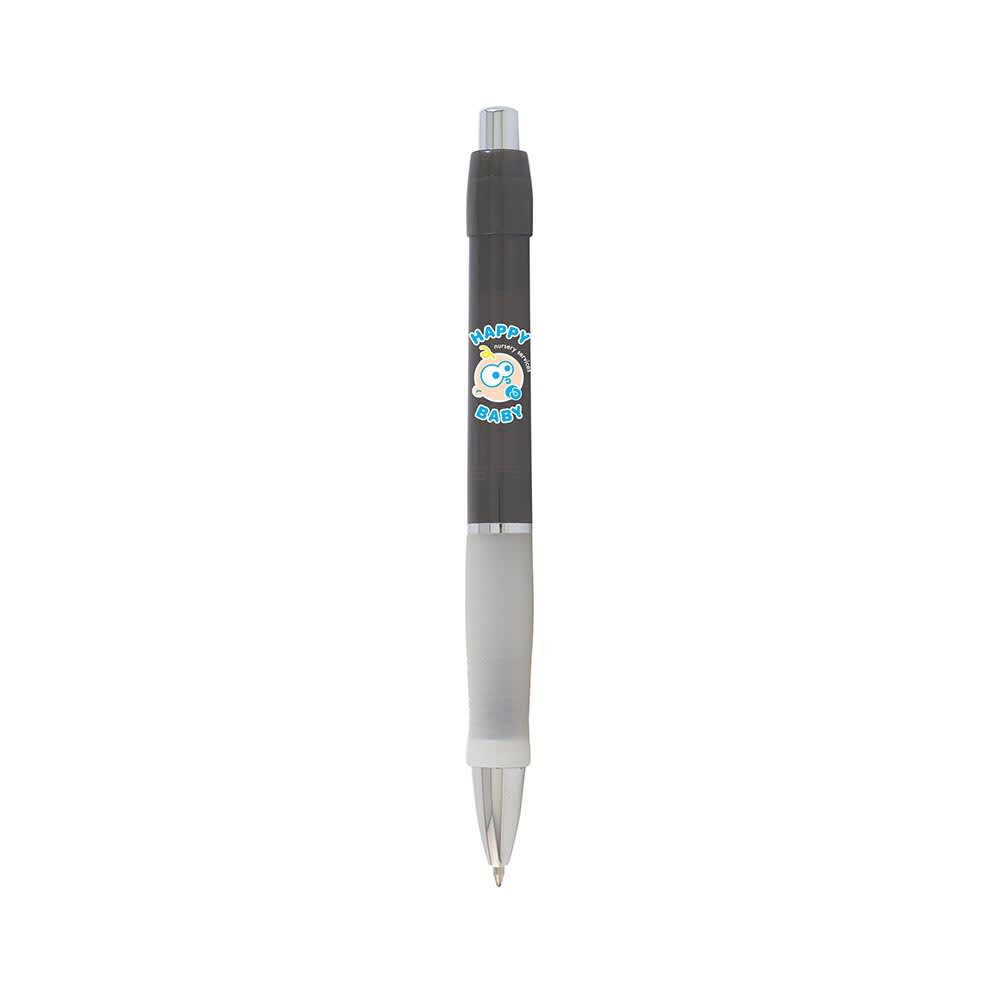 A grey pen with a white grip featuring a logo. It has a click mechanism and a metal clip.