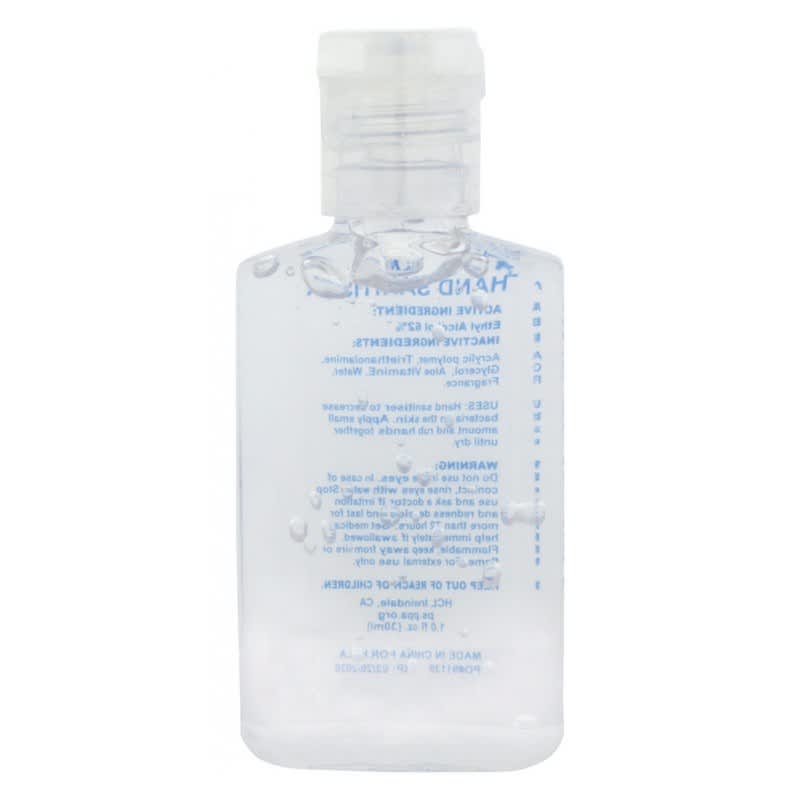 A clear 30ml hand sanitiser gel bottle containing 75% ethyl alcohol, with a flip-top cap and a logo.