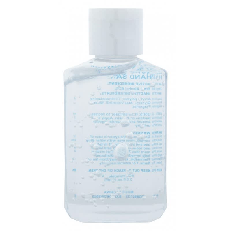 A clear 60ml hand sanitiser gel bottle containing 75% ethyl-alcohol, featuring a white flip-top lid and a logo.