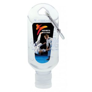 A clear 60mL hand sanitiser bottle with a carabiner, featuring a logo and an image of martial arts action.