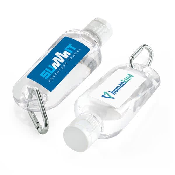 A clear 60mL hand sanitiser bottle with carabiner, featuring two different logos on the sides.