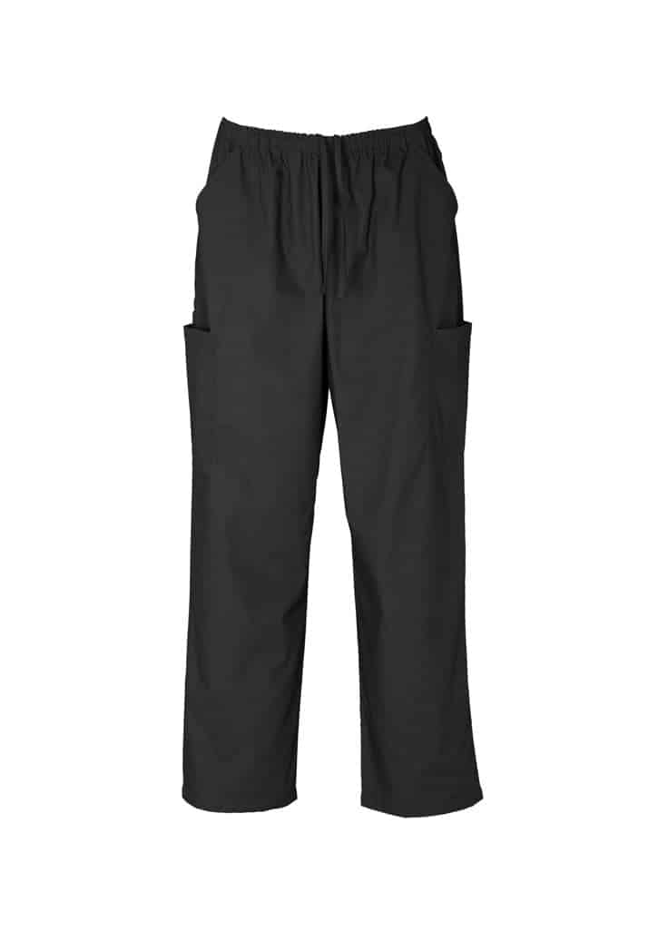 A pair of black unisex scrub cargo pants with an elastic waistband and side pockets.