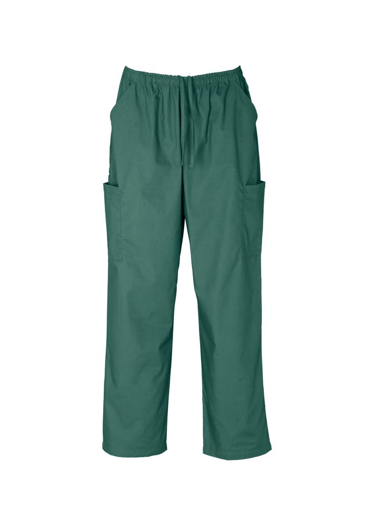 Green unisex scrub cargo pants featuring an elastic waistband and multiple pockets. Includes a logo on the garment.