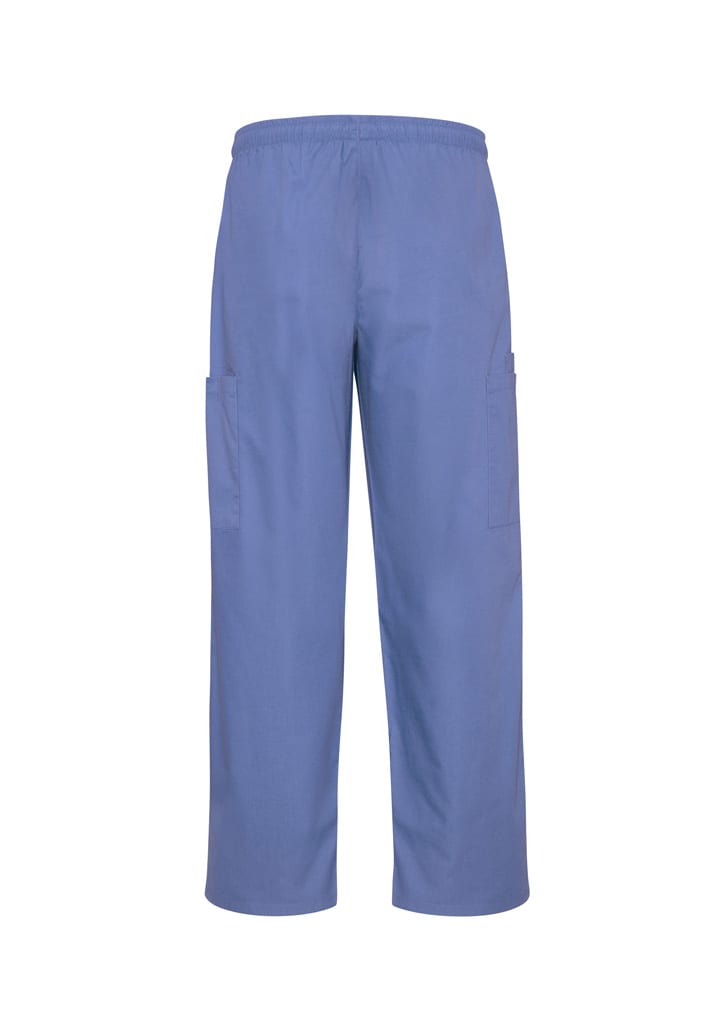 Blue unisex scrub cargo pants featuring a relaxed fit and multiple side pockets. Includes an elastic waistband and a logo.