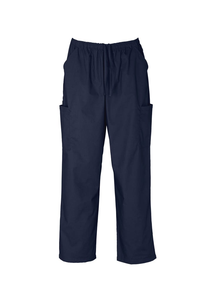 Unisex scrub cargo pants in navy, featuring an elastic waistband and multiple side pockets. Includes branding.