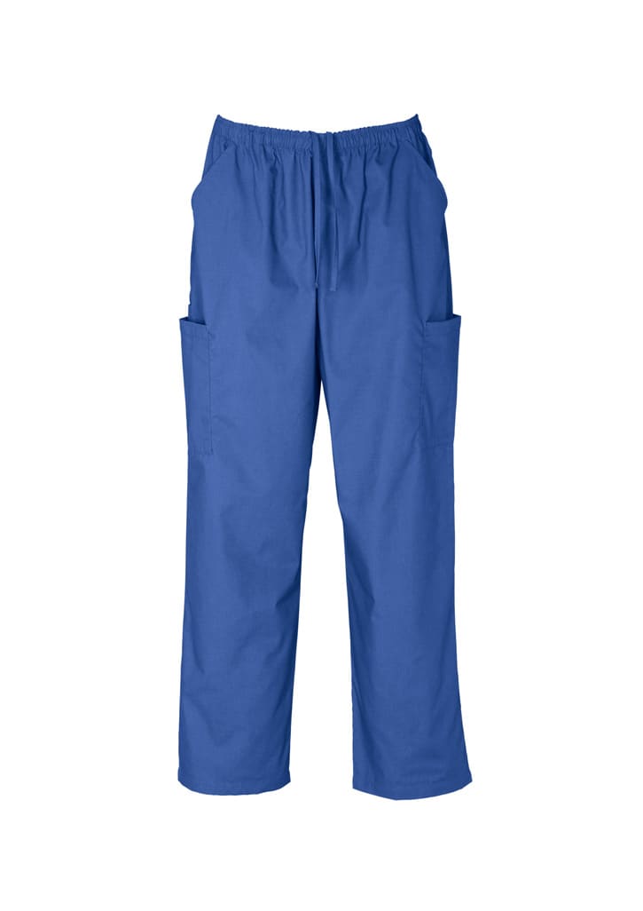 Classic unisex scrub cargo pants in a vibrant blue colour, featuring an elastic waistband and multiple side pockets.