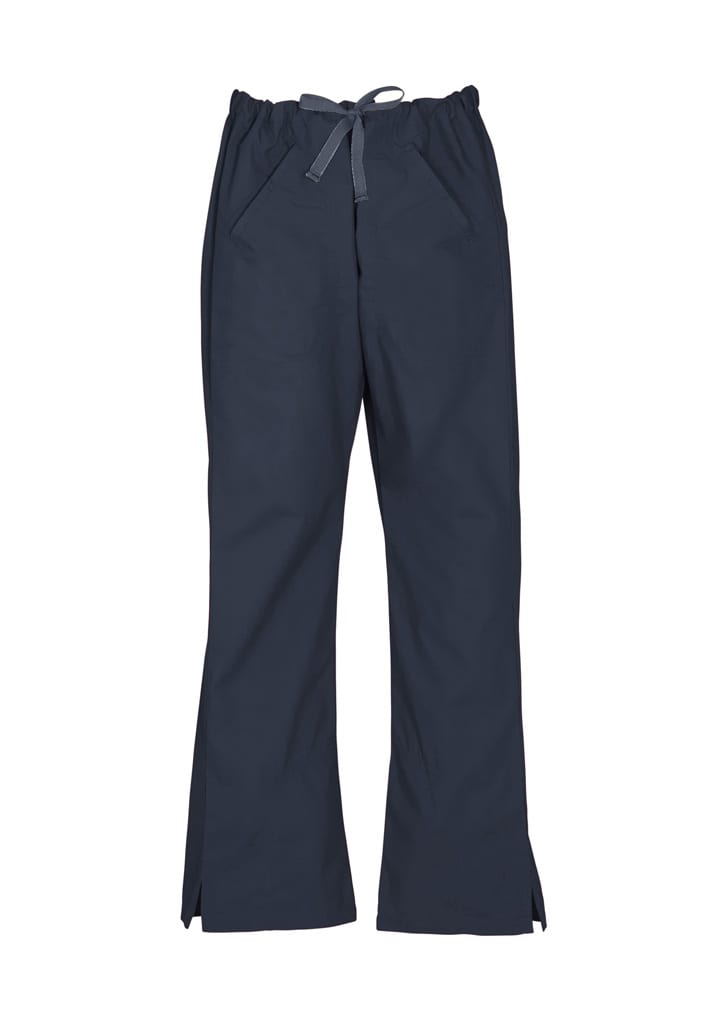 Classic women's bootleg scrub pants in navy blue with a drawstring waist and side slits. Features pockets and has branding.