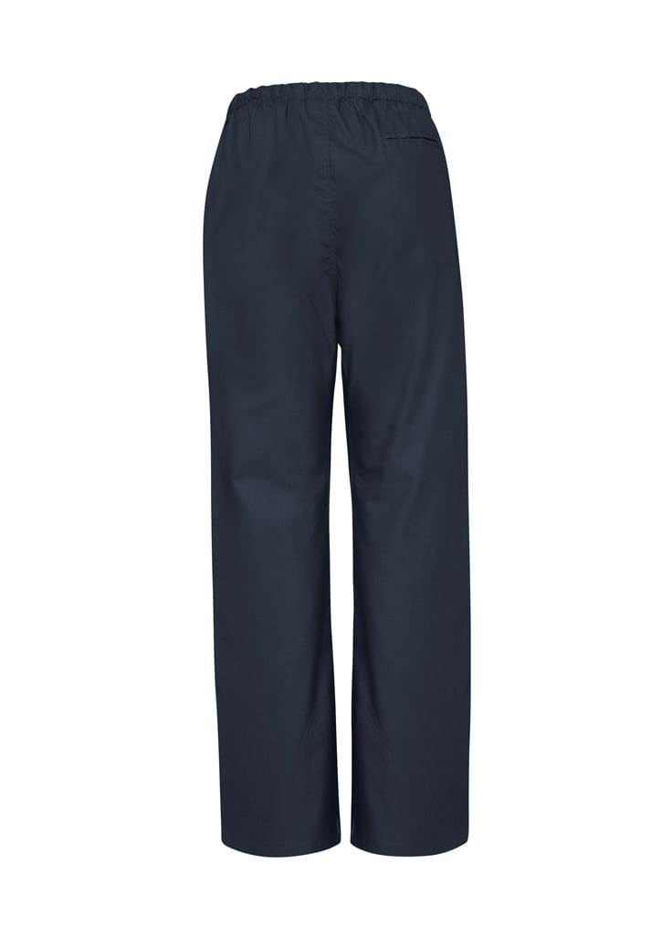 Classic women's bootleg scrub pants in navy blue, featuring an elastic waistband and a logo on the back.