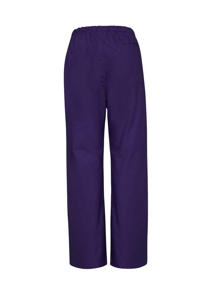 A pair of purple bootleg scrub pants with an elastic waistband and a back pocket. Brand logo is visible.