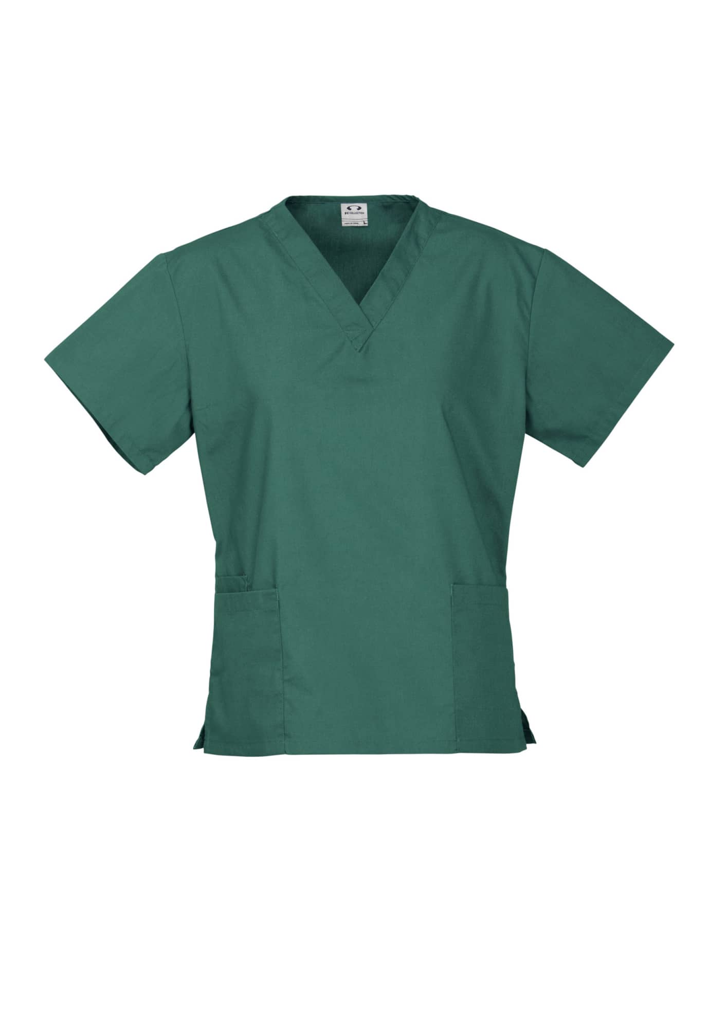 A teal scrub top with short sleeves, featuring a V-neck and two front pockets. Includes a logo.