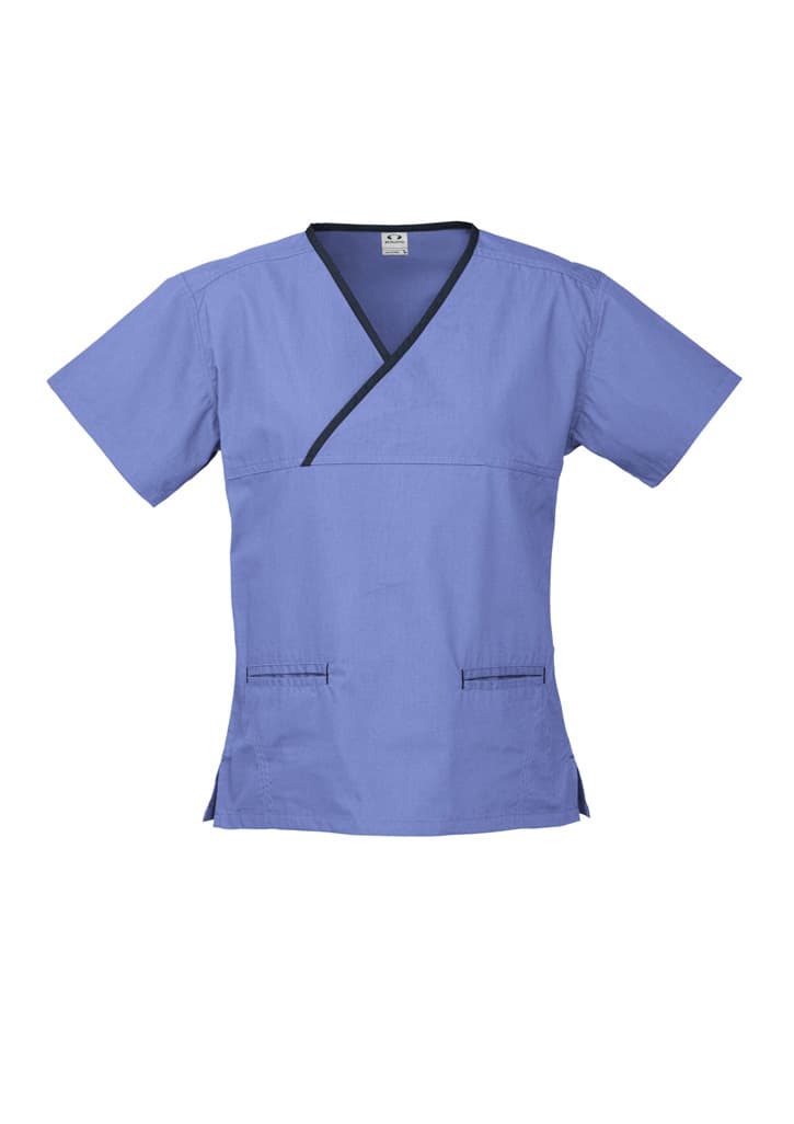 Classic women's scrub top in light blue with black contrast detailing and pockets. Features a crossover neck design and logo.