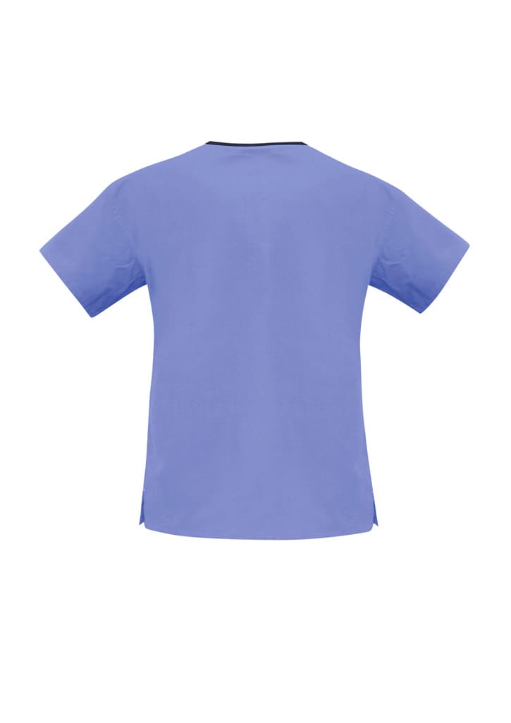 A blue scrub top with short sleeves and a contrasting neckline, featuring a logo.