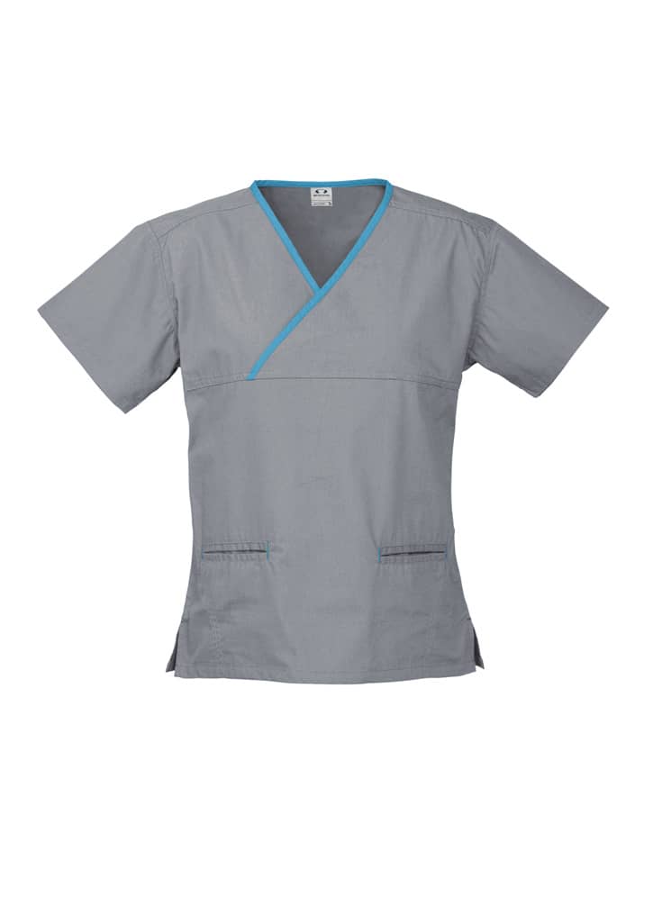 A grey scrub top with contrast turquoise detailing and a crossover design, featuring short sleeves and pockets.