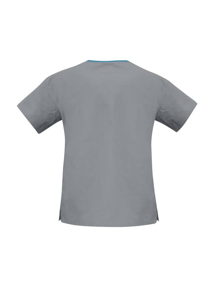 A grey women's scrub top featuring a contrast crossover design and a logo on the back.