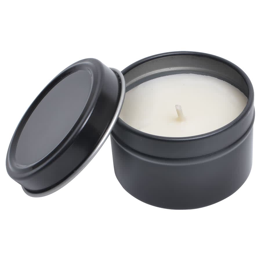 A black tin container with a lid, featuring a vanilla scented candle inside. The candle is white in colour.