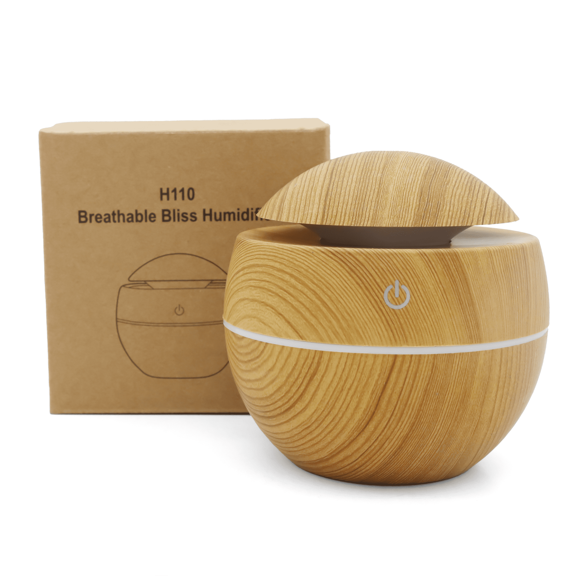 A wooden-patterned diffuser with a round design and a lid, next to a simple, branded box.
