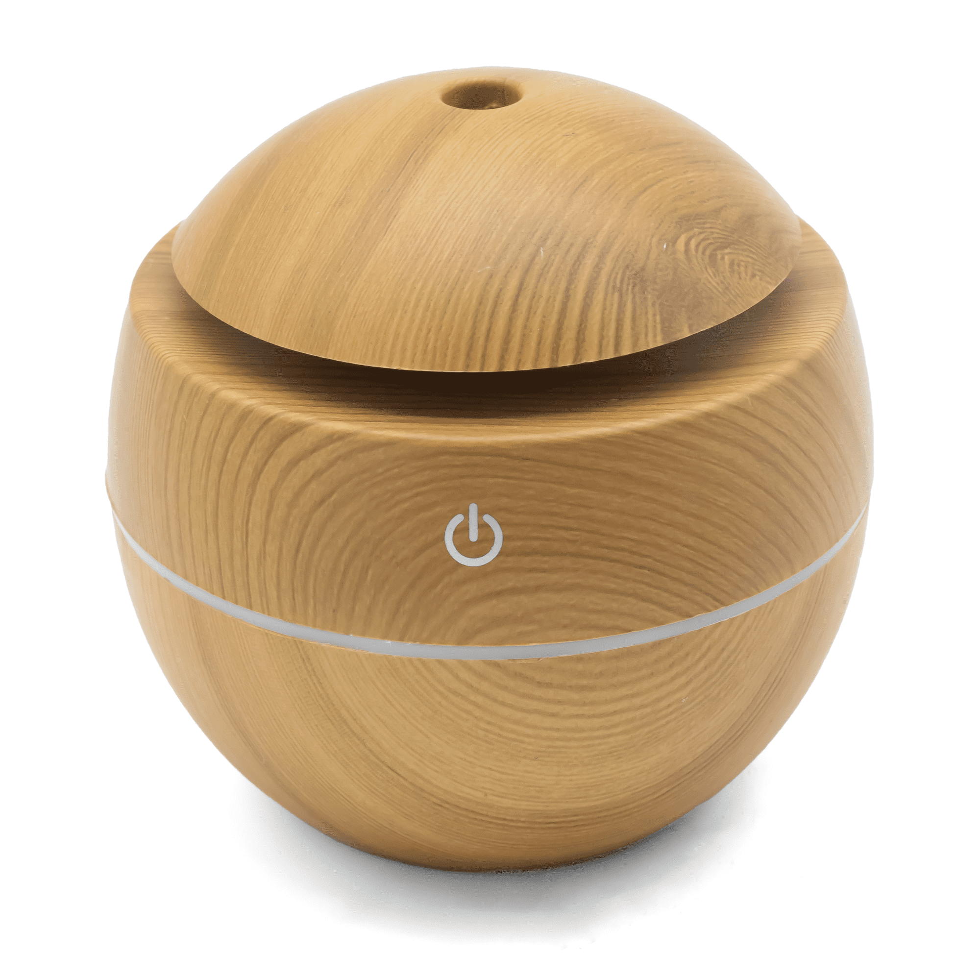 A round wooden diffuser in a light timber finish with a circular design and a power button.