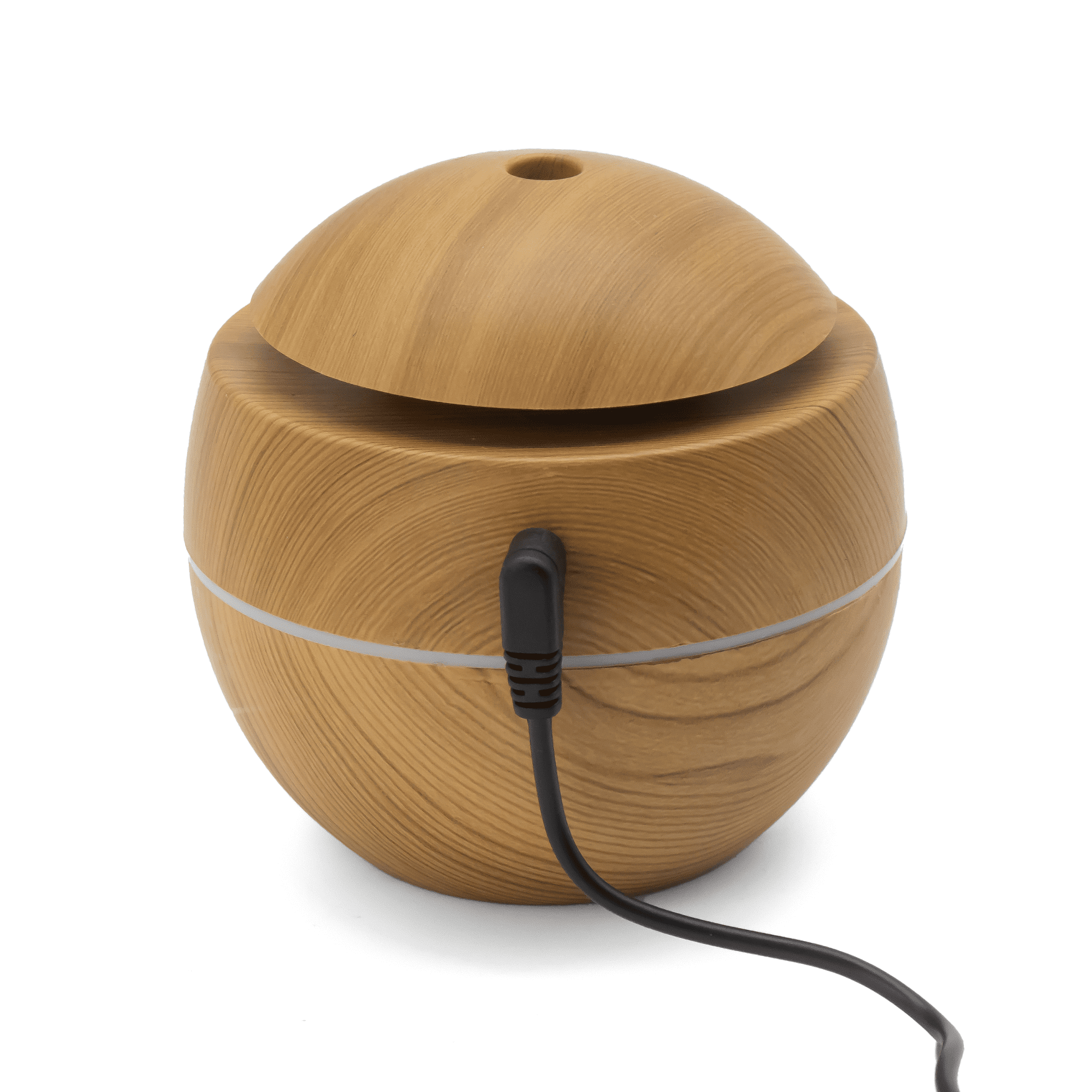 A wooden diffuser in a rounded shape with a cord, featuring a lid that resembles natural wood grain.