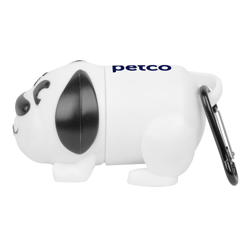 A white dog-shaped waste bag dispenser with black accents and a clip for attachment. It features a logo.