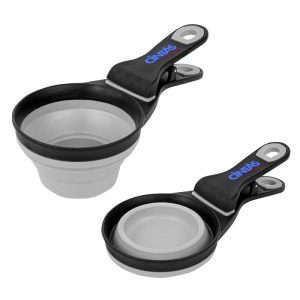 A collapsible silicone pet food scoop and bag clip in black and grey, featuring a handle with a logo.