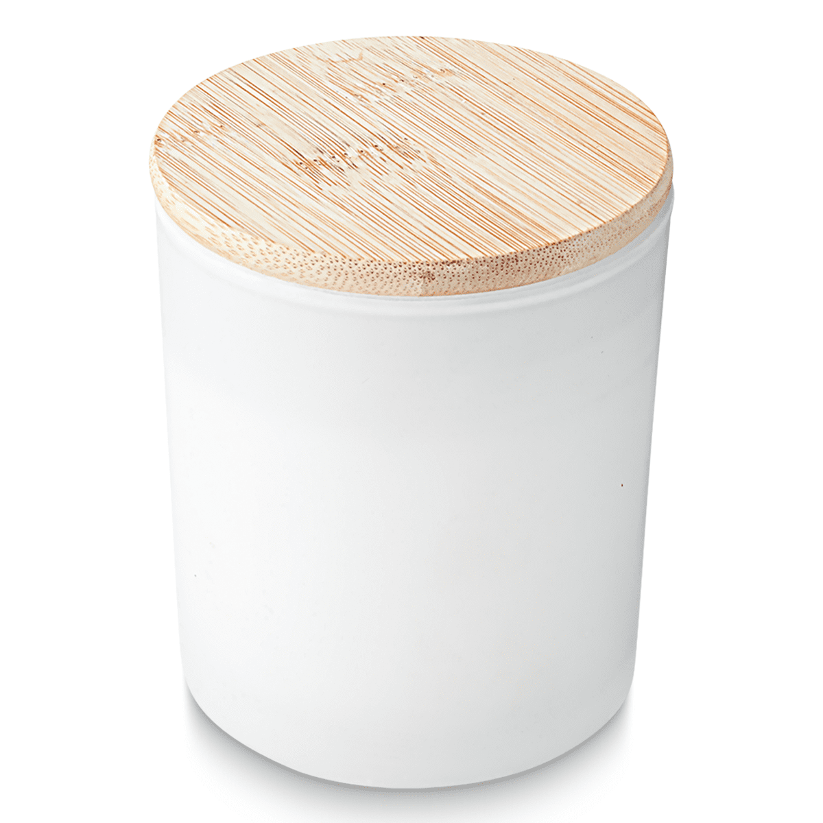 A medium white candle in a glass container with a bamboo lid.