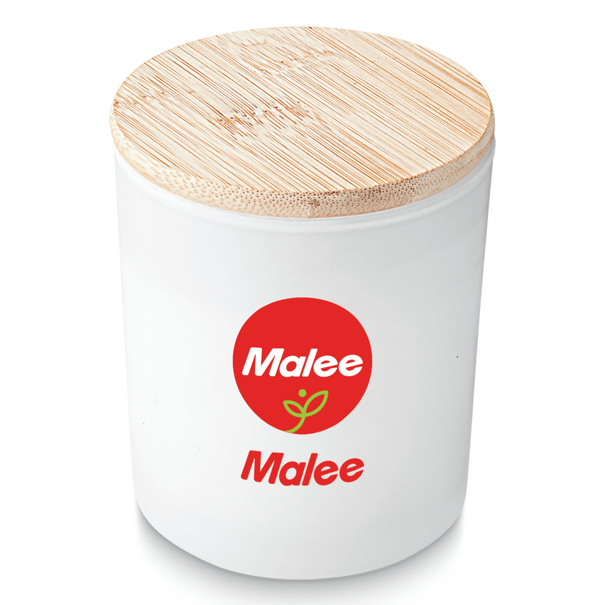A white candle container with a bamboo lid and a logo featuring a green plant design.