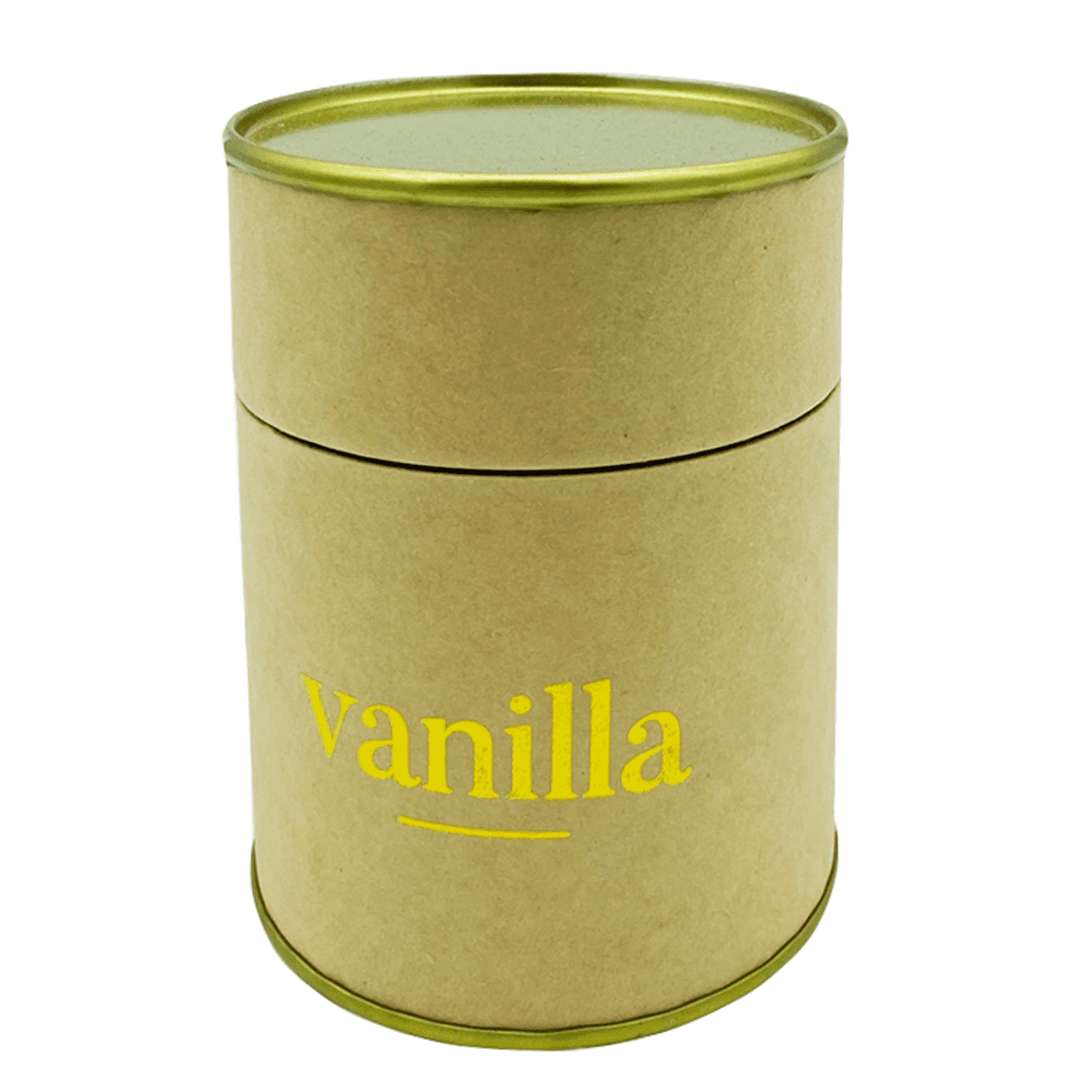 A small, cylindrical candle in a kraft paper container with a green lid, labelled 